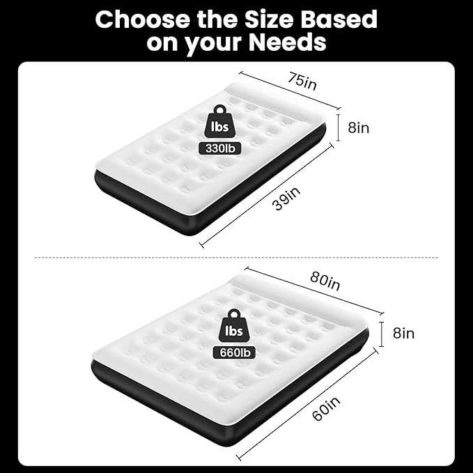 COMMOUDS Twin Air Mattress with Built-in USB Rechargeable Air Pump, Camping Blow up Mattress, Portable Inflatable Mattress, Air Bed for Outdoor, Travel, Home and Guest, 8" Raised