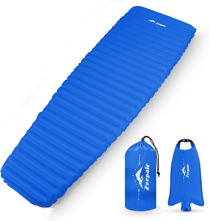 Camping Sleeping Pad, Ultralight Waterproof Inflatable Sleeping Mat with Inflation Bag, Lightweight Portable Compact Air Mattress for Outdoor Backpacking Hiking Traveling Tent Use (Single, Blue)