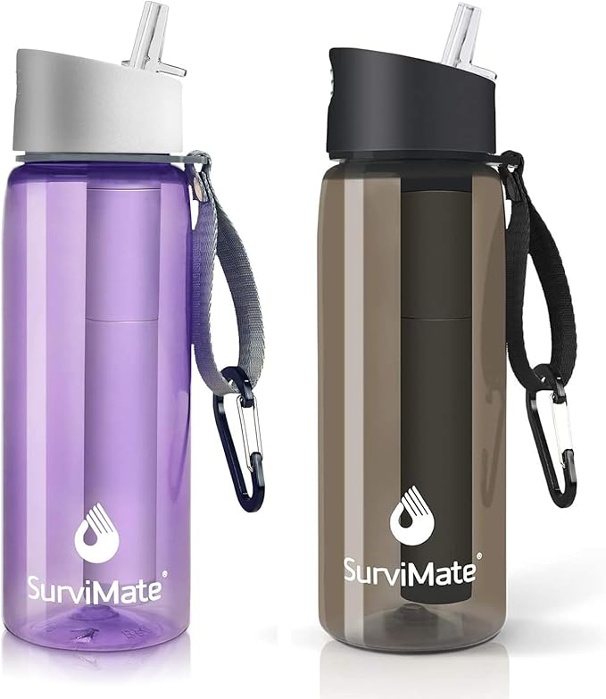 SurviMate Purified Water Bottle for Camping, Hiking, Backpacking and Travel, BPA Free with 5-Stage Intergrated Filter Straw