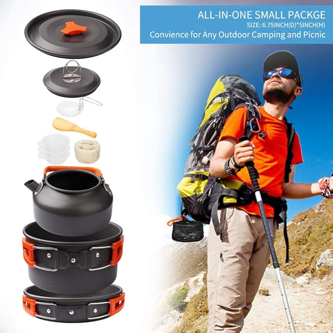 Gutsdoor Camping Cookware Set Camping Gear Campfire Utensils Non-Stick Cooking Equipment Lightweight Stackable Pot Pan Bowls with Storage Bag for Outdoor Hiking