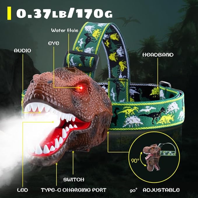 Dysaim LED Spray Headlamp - Essential Headlight for Kids Camping Gear | Dinosaur Toy Headlamp Flashlight for Boys and Girls | Ideal Gift for Birthday, Halloween, Christmas and New Year, 2 Pack