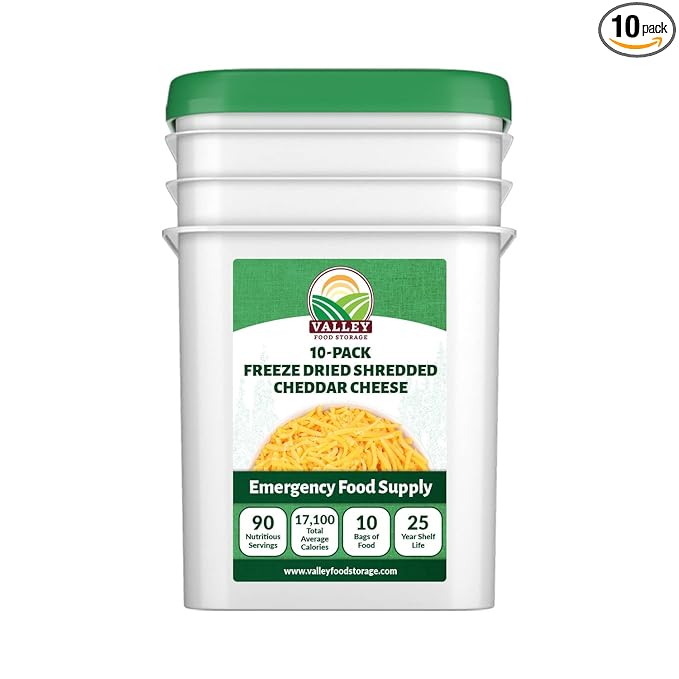 Valley Food Storage Freeze Dried Shredded Cheddar Cheese | 10-Bag Bucket, 95 oz | Premium Emergency Food Supply, 25 Year Shelf Life | Non-GMO Prepper Food for Cooking, Camping & Long-Term Storage
