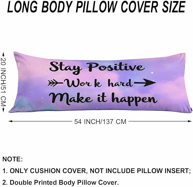 Inspirational Quote Body Pillow Covers Stay Positive Work Hard Make It Happen Lumbar Body Pillow Case 20"X54" Body Pillowcase Cushion Cover for Home Bedroom Office Hotel, Purple Galaxy