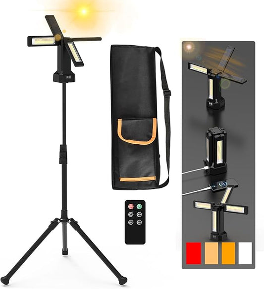 13200mAh Rechargeable Solar Work Light with Folding Stand and Carrying Bag, AODOO 8000 Lumen Stepless Dimmable , White/Warm/Nature White/RED(SOS) with Detachable Tripod (Black(Remote))