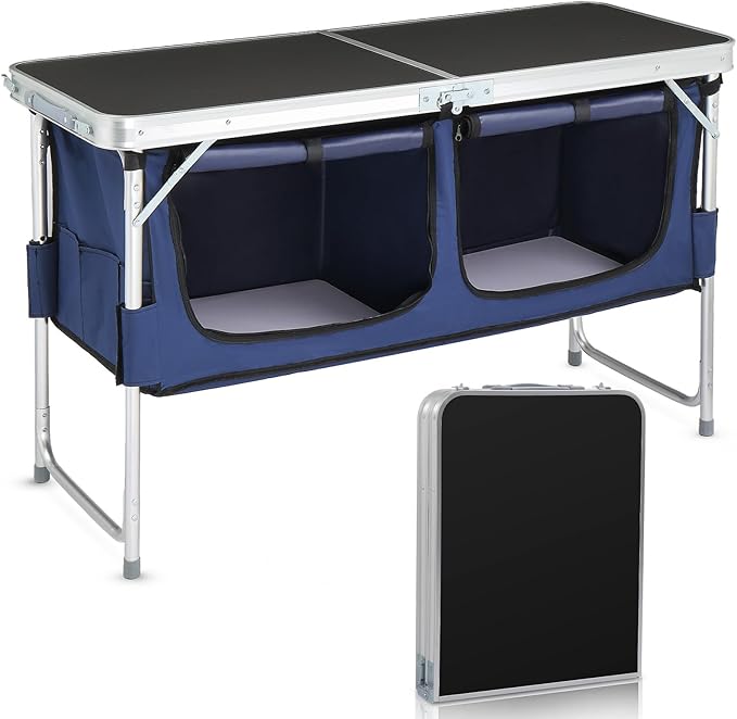 VINGLI 4 Ft Folding Table, Aluminum Camping Table, Picnic Table with Storage, Adjustable Height for Outdoor Beach BBQ Backyards Travel Party (Black ＆ Blue)