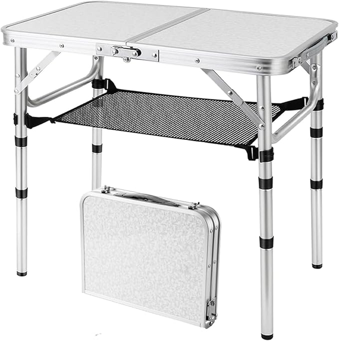 YihuiKo Folding Picnic Table, Small Camping Table with Adjustable Heights, Portable Lightweight Aluminum Side Table for Office, Beach, Garden, Travel