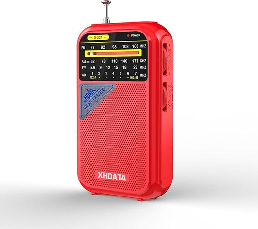 XHDATA D221 NOAA Weather Radio Portable AM FM Shortwave Radio Receiver, 2AA Battery Operated, Transistor Radio with Excellent Reception for Emergency, Hurricane, Gift, Walking and Home (Red)