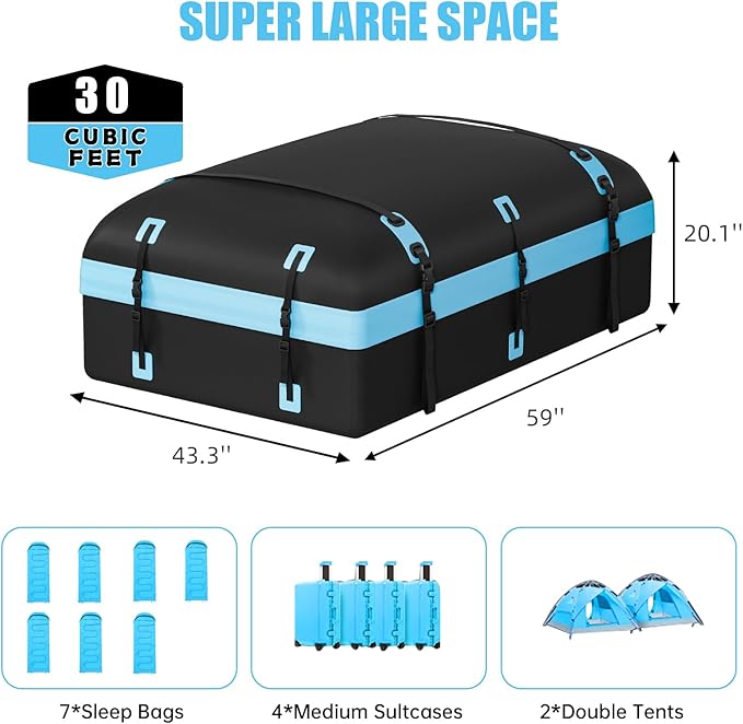 Car Rooftop Cargo Carrier Bag, 30 Cubic Feet Waterproof Soft-Shell Car Roof Bag for All Vehicle with/Without Roof Rack, Include Anti-Slip Mat, Reinforced Straps, Door Hooks and Luggage Lock, Blue