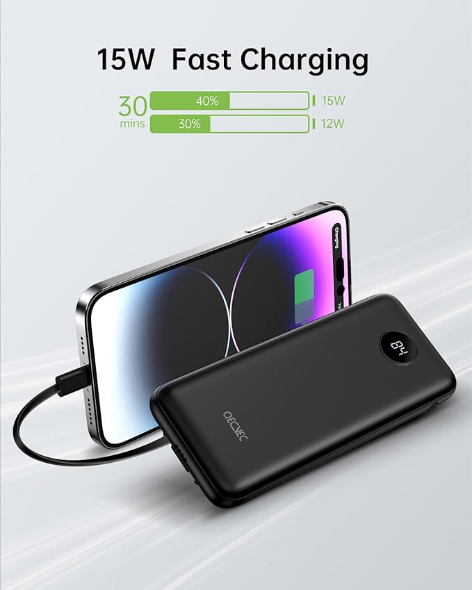 Portable Charger, 2-Pack 10000mah Power Banks, Sharing Charging Station, 15W Fast Charging Battery Pack, Portable Charger with Cords for iPhone Series, Galaxy S24/23, Pixel and More