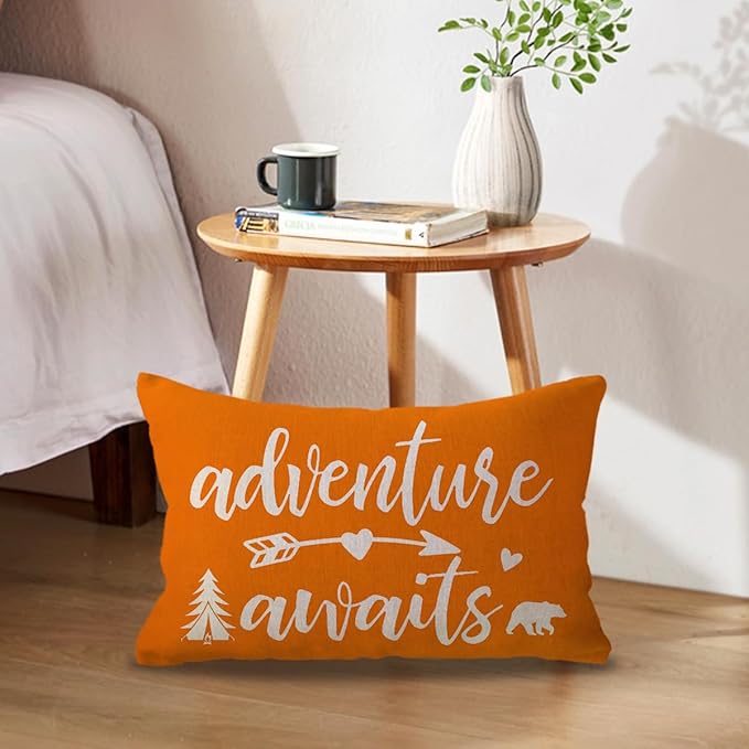 Adventure Camper Decorative Lumbar Pillowcase Double-sided Let’s Go Camping/Adventure Awaits Throw Pillow Covers Cabin/Camper Cushion Covers 12x20,2Pack for Sofa/Couch/Porch (Orange)