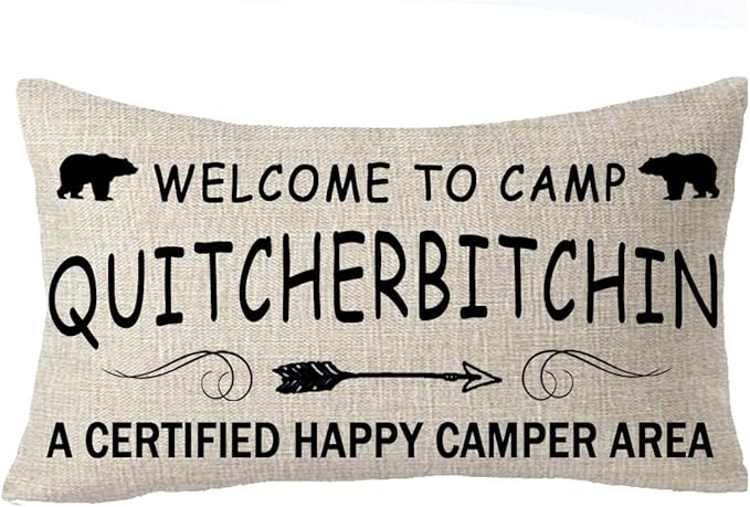 Welcome to Camp Life is Best When You are Camping Wild Life Animal Bear Decorative Throw Pillow Cover Cushion Case Cotton Linen Lumbar for Outdoor Sofa Bed Couch 12X20 inches (Beige 02)