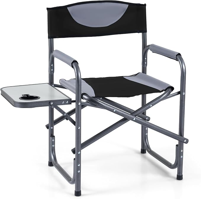 COSTWAY Folding Camping Chair, Lightweight Portable Directors Chair w/Side Table & Cup Holder, Padded Outdoor Heavy Duty Lawn Chair for Fishing, Picnic, Sports, Beach, Max Load 400 lbs (Black,1)