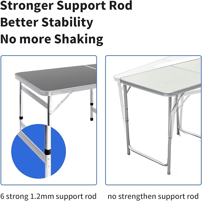 Moosinily Camping Table 6FT Folding Table Large 3 Adjustable Height Portable Picnic Camp Aluminum Outdoor Table Picnic BBQ Black