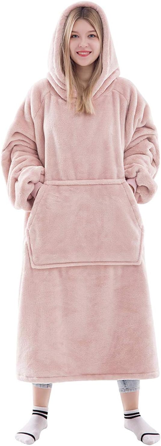 Waitu Wearable Blanket Sweatshirt Gifts for Women and Men, Super Warm and Cozy Giant Blanket Hoodie, Thick Flannel Blanket with Sleeves and Giant Pocket - Pink