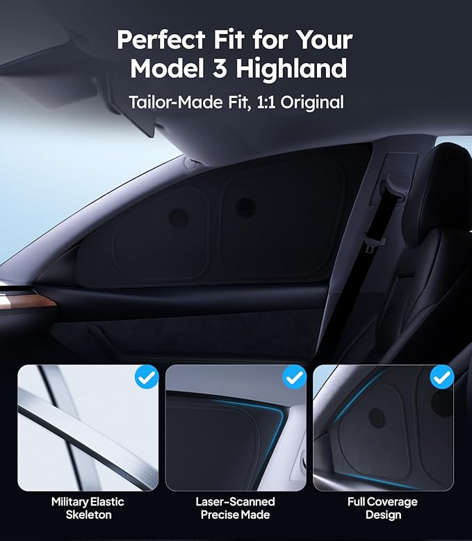 Wigoo 2026 Upgrade Tesla Model 3 Side Window Sunshade [Ice-Crystal Cool, Suction No-Fall] Sun Block for Baby & Camping & Privacy Napping, 6PCS No Rear and Front Windshield for Model 3 2024-2026