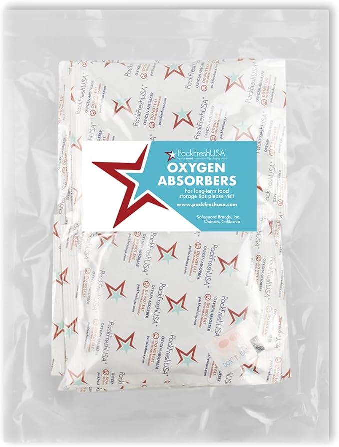 PackFreshUSA: 5-Gallon (20" x 30") AirTight Mylar Bags - 2000cc High-Capacity Oxygen Absorbers Long-Term Food Storage – Heavy Duty 5.5 Mil Thick (Per Side) - Heat Sealable - Food Grade - Pack of 5