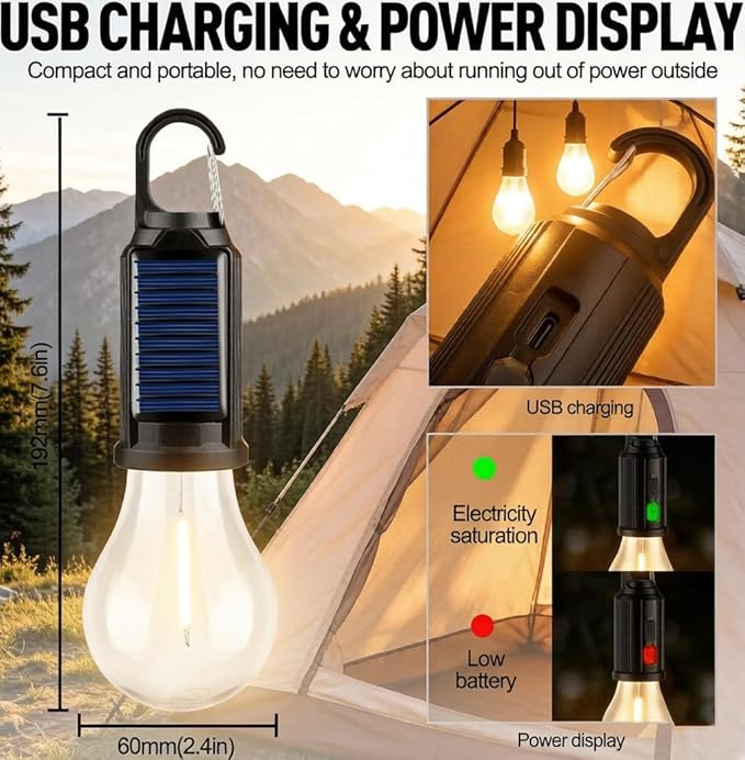 4 Pack Led Camping Lantern Solar Rechargeable,Outdoor Tent Lights for Camping Essentials, Hanging Light Bulbs with Clip Hook Camping Flashlight
