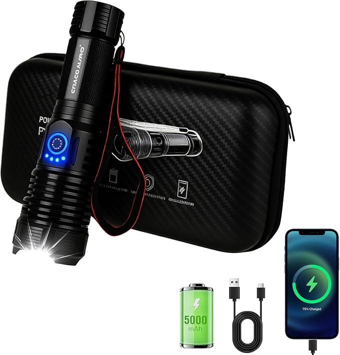 Rechargeable Flashlights High Lumens , Super Bright 500000 Lumens Powerful Flashlight & Tactical Flashlight with Gift Box, 5 Modes, Waterproof, LED Hand Light for Outdoor Camping, Hiking, Emergency