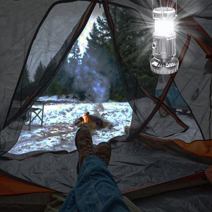 SupBri Solar Camping Lantern with Fan,Rechargeable Camping Fans Charging for Phone, Battery Operated Light for Hurricane Power Outage Tent Emergency Camping Gear Must Haves