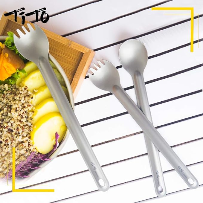 TiTo Titanium Long Handle Spork and Spoon Eco-Friendly Ultralight Portabale Flatware for Outdoor Camping Backpacking Hiking Travel Picnic Tableware with Bag(Spoon)