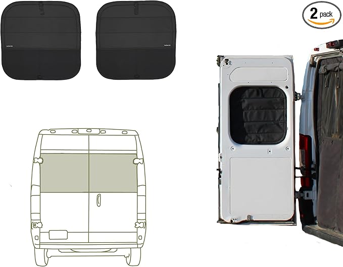 VanEssential Insulated Stealth Blackout Rear Door Window Covers Designed for RAM Promaster Bare Metal Window Frame Van Years 2014 to Current Model (Pair) - Black