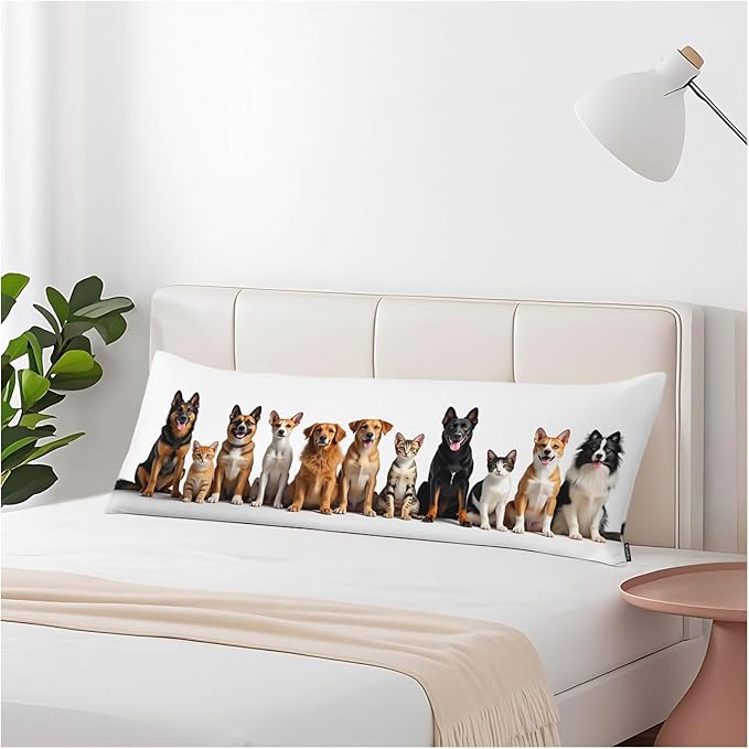 Body Pillow Covers Cats and Dogs Body Pillowcase 20"X54", Kitten Puppy Cute Pillow Cases for Home Bedroom, Outdoor Pillows Body Cushion Cover for Men Women