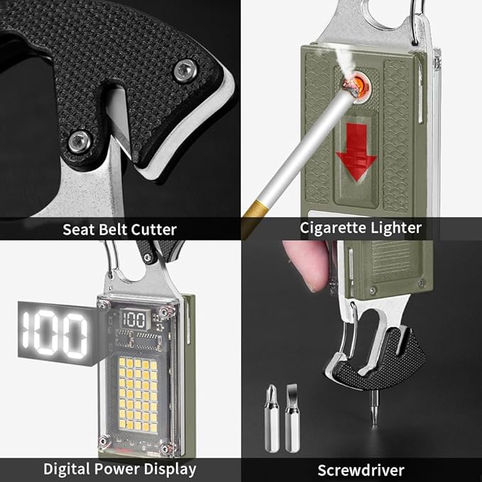 BY-J LED Small Flashlight, Keychain Light, COB Multi-Function Mini Work Light, 1000 Lumens Rechargeable, 8 Lighting Modes, Fire Starter, Seat Belt Cutter, Screwdriver, Green