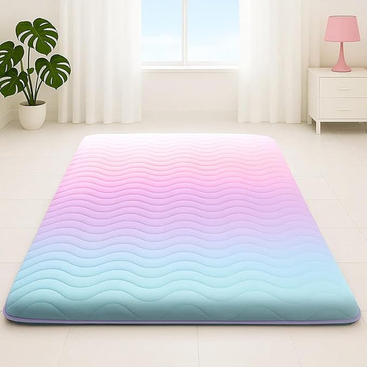 SCHNAUZER HOME Japanese Floor Futon Mattress, 3.5" Thicken Colorful Rainbow Portable Floor Mattress, High-Density Foam Tatami Mat Sleeping Pad for Camping Guest Room Dormitory RV, Twin