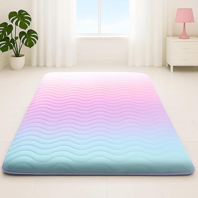 SCHNAUZER HOME Japanese Floor Futon Mattress, 3.5" Thicken Colorful Rainbow Portable Floor Mattress, High-Density Foam Tatami Mat Sleeping Pad for Camping Guest Room Dormitory RV, Queen