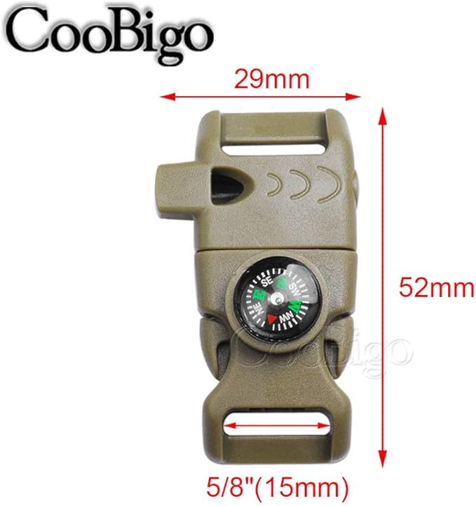 CooBigo 5/8" Compass Whistle Buckle Plastic Paracord Bracelet Outdoor Camping Emergency Survival Travel Kits