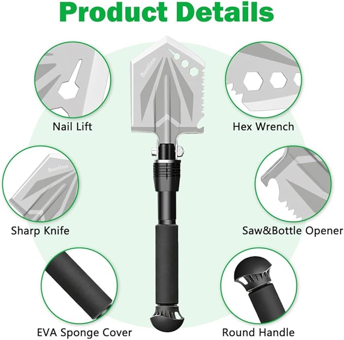 Foldable Camping Shovel - 14.6" High Carbon Steel Portable Multitool Entrenching Tool for Backpacking, Hiking, Survival & Car Emergency - Lightweight & Rustproof (Basic 14.6" E-Tool)