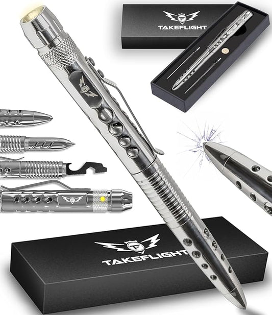 Tactical Pen – Self Defense Survival EDC Pen with LED Flashlight, Glass Breaker & Bottle Opener – Military Multitool Pen for Men & Women – Veteran-Owned TakeFlight – 2 Ink Refills + Extra Battery