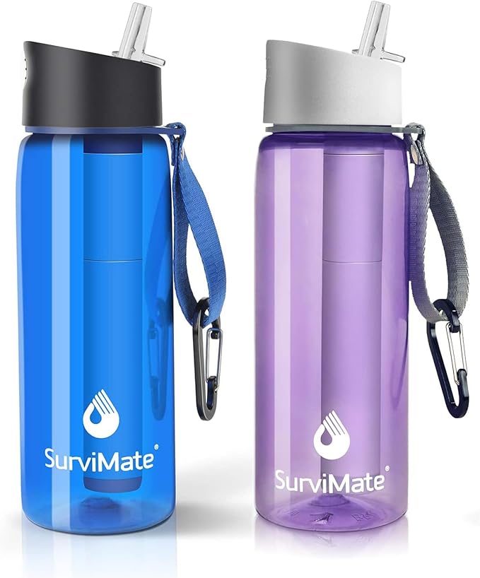 SurviMate Purified Water Bottle for Camping, Hiking, Backpacking and Travel, BPA Free with 5-Stage Intergrated Filter Straw