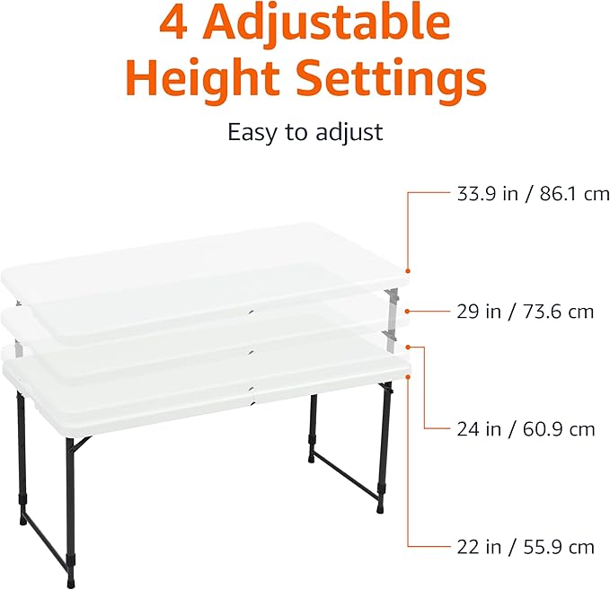 Amazon Basics Portable 4 Foot Rectangular Folding Dining Table, 4 Adjustable Height Settings, Carrying Handle, Indoor & Outdoor, Sturdy for Events, White, 47.8 x 23.9 x 33.9 in