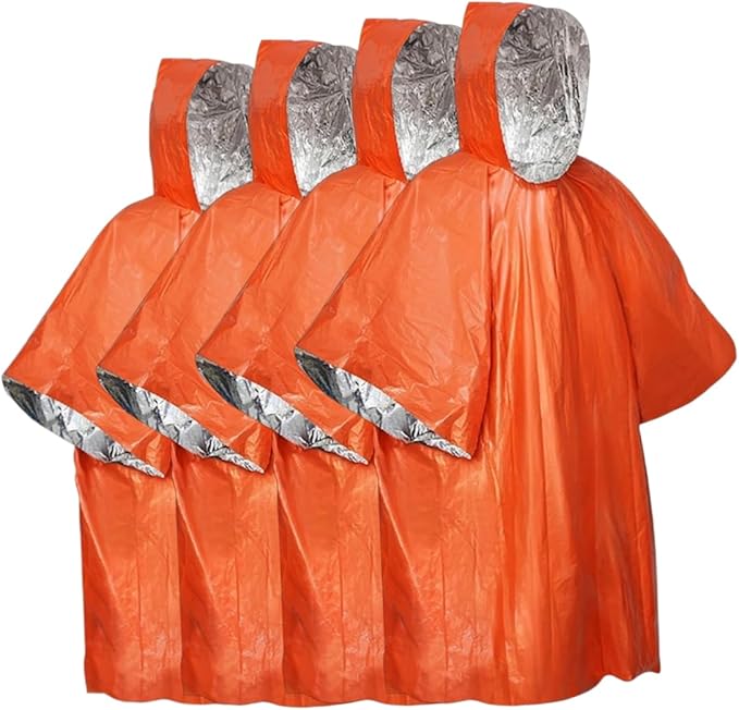 Emergency Poncho with Mylar Blanket Liner for Survival Gear, Waterproof, Wind-Resistant Green Rain Poncho for Outdoors, Camping, and Car Emergency Kits - Thermal Poncho - 4 Pack (Orange)
