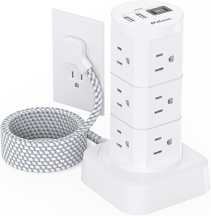 PD20W Power Strip Tower, Charging Station Desk Accessories, Flat Plug, 12 Outlets 4 USB Ports, 1080J Surge Protection, 6Ft Extension Cord with Multiple Outlets, Office Supplies, Dorm Room Essentials