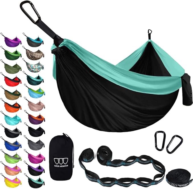 Gold Armour Camping Hammock - XL Double Hammock Portable Hammock Camping Accessories Gear for Outdoor Indoor with Tree Straps, USA Based Brand (Black and Seafoam)