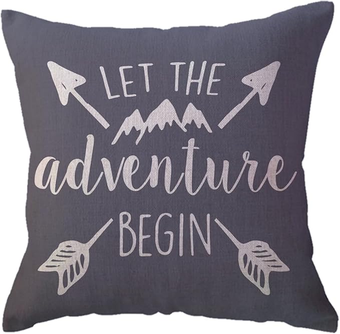 ULOVE LOVE YOURSELF Adventure Arrow Throw Pillow Covers Mountain Forest Pillowcases 18 x 18 Inch Let The Adventure Begin Decorative Cushion Covers for Cabin/Camper (Grey)