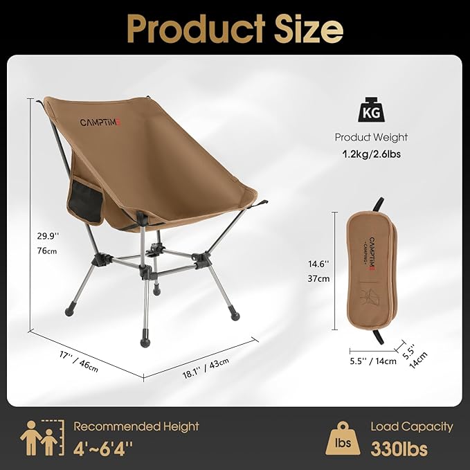 Camptime Portable Camping Chair Plus, Larger & Roomier, Compact and Lightweight, Folding Chair for Backpacking & Hiking, 330Lbs Capacity, Khaki
