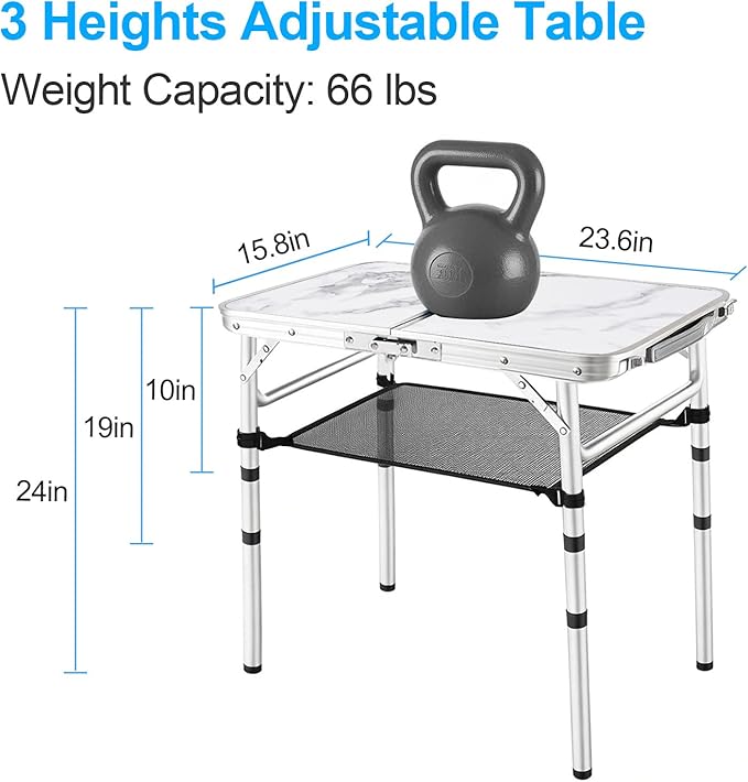 YUFIFAIRY Small Folding Camping Table, 2ft Portable Table with 3 Adjustable Heights, Aluminum Lightweight Foldable Picnic Table with Mesh Layer and Extension Legs for RV, BBQ and Indoor