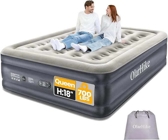OlarHike Air Mattress Queen with Built in Pump, Inflatable Mattress Blow up Mattress, 18" Colchones Inflables Foldable Air Bed for Guest & Home, Ideal for Camping, 700lbs