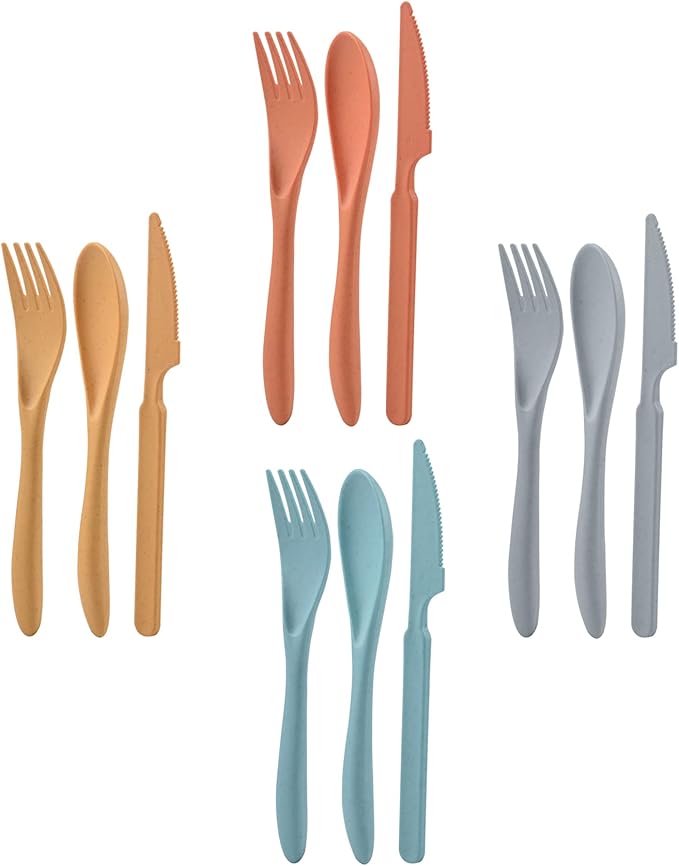 Knives Spoons and Forks Set, Wheat Straw Cutlery Set, Reusable Flatware Set for 4, Utensils for Party, Travel, Work, Picnic, Camping or Daily Use (Dark green, Orange, Yellow, Grey)