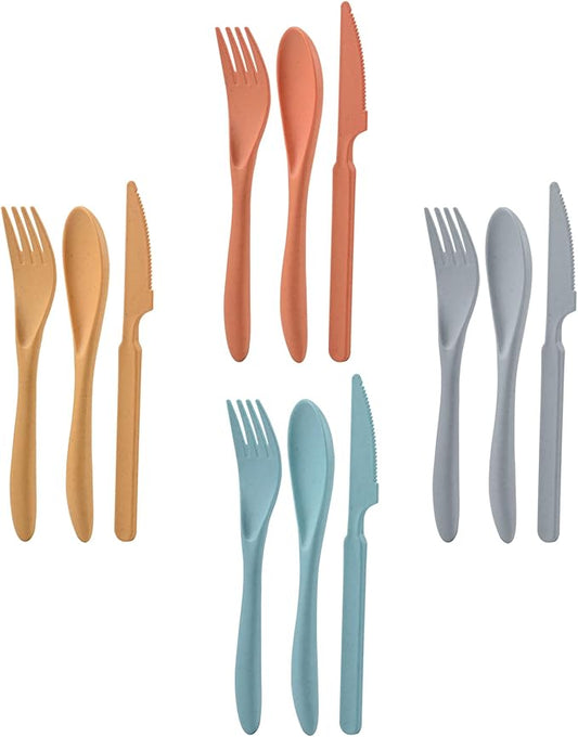 Knives Spoons and Forks Set, Wheat Straw Cutlery Set, Reusable Flatware Set for 4, Utensils for Party, Travel, Work, Picnic, Camping or Daily Use (Dark green, Orange, Yellow, Grey)