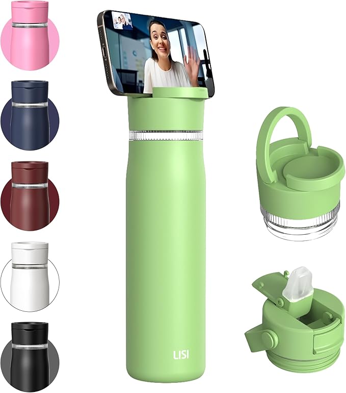LISI 24oz Insulated Water Bottle, Double Wall Stainless Steel Water Bottles with Straw, 100% Leak-Proof Travel Thermal Canteen Mug with 2 Lids (Straw, Phone Holder Lid)