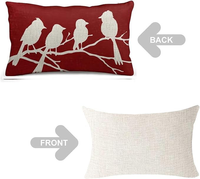 ITFRO Set of 2 Birthday Gift Birds Standing On A Branch Cotton Linen Lumbar Nature Wild Animals Throw Pillow Cover Cushion Case Sofa Home Decor 12x20 Inches (Red Set)