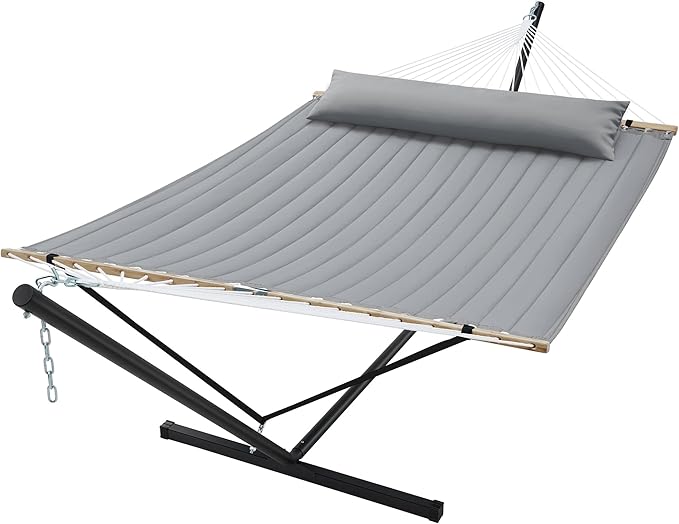 SUPERJARE Hammock with Stand, 2 Person Quilted Outdoor Hammock, Detachable Pillow & Bamboo Spreaders, Portable Hammock with Carrying Bag, Heavy Duty Stand, Perfect for Outside, Patio, Gray