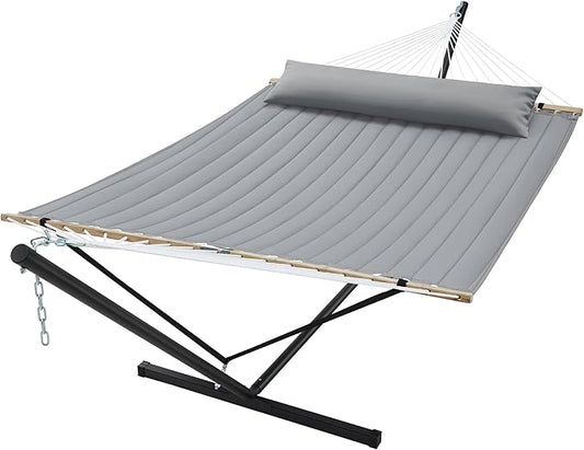 SUPERJARE Hammock with Stand, 2 Person Quilted Outdoor Hammock, Detachable Pillow & Bamboo Spreaders, Portable Hammock with Carrying Bag, Heavy Duty Stand, Perfect for Outside, Patio, Gray