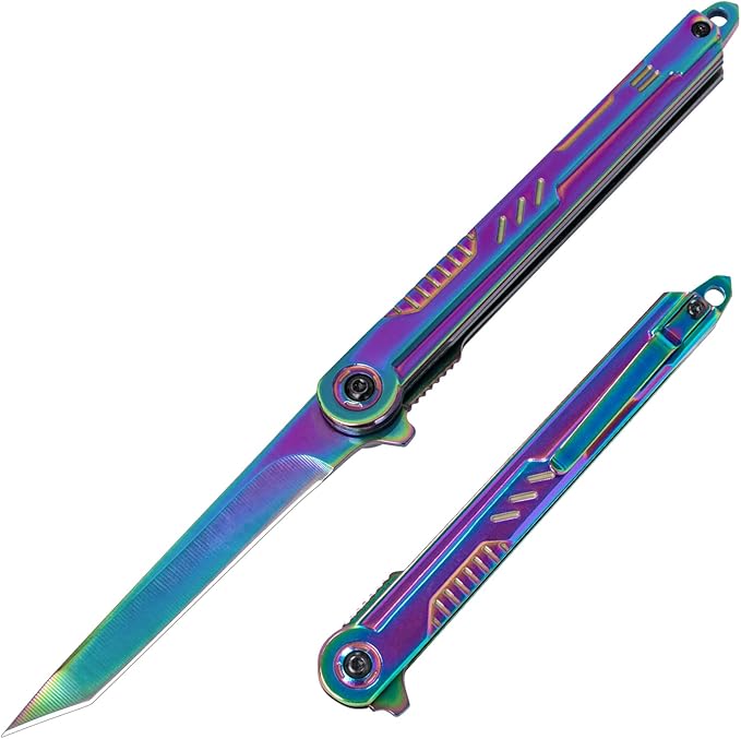 FUNBRO Rainbow Pocket Knife for Men & Women - EDC Folding Knives with Clip, Glass Breaker, Flipper and Liner Lock for Self Defense - Cool Survival Knife for Outdoor Camping