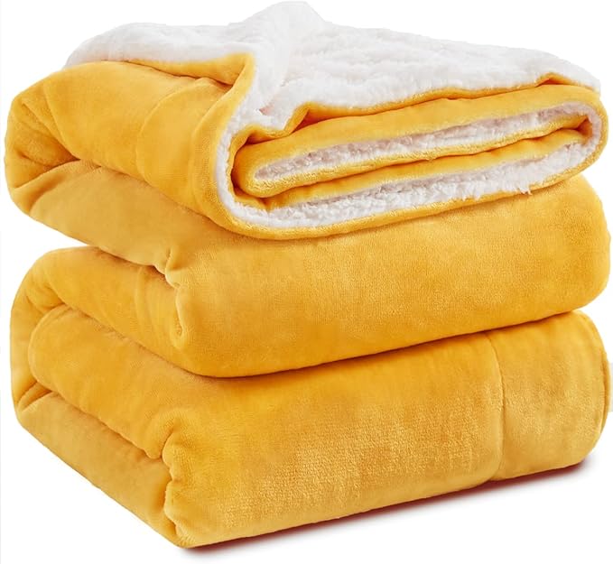 KAWAHOME Sherpa Fleece Blanket for Bed - Extra Warm and Heavy Thick Blankets for Winter, Super Soft 500GSM Plush Blanket, King Size 108" X 90" Yellow