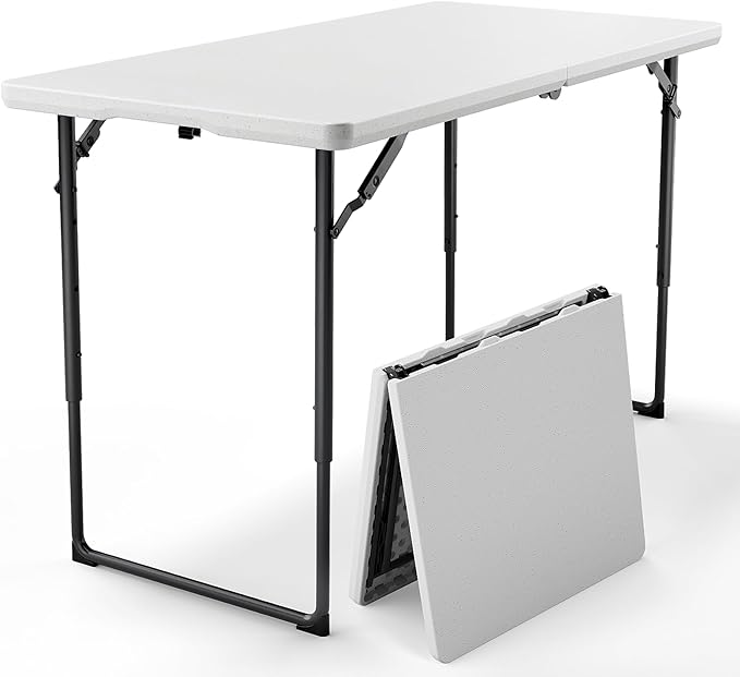 4FT Folding Table, Fold Up Picnic Table with Height Adjustable Portable Table for Indoor Outdoor Use Camping Table for Party, BBQ, White